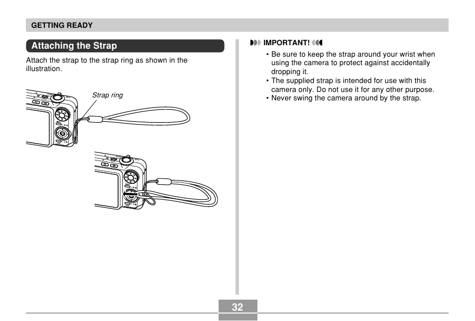 Attaching the strap | Casio EX-Z750 User Manual | Page 32 / 250