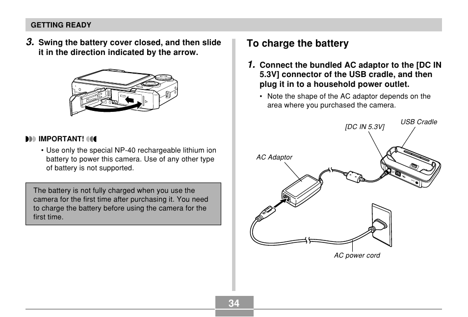 To charge the battery, 34 to charge the battery 1 | Casio EX-Z750 User Manual | Page 34 / 250