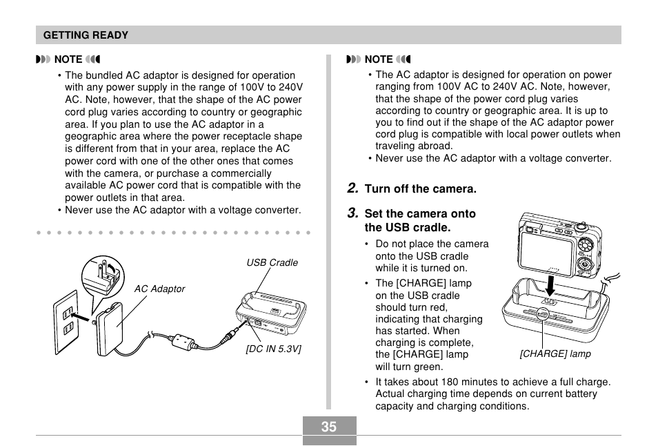 Turn off the camera, Set the camera onto the usb cradle, Getting ready | Usb cradle ac adaptor [dc in 5.3v | Casio EX-Z750 User Manual | Page 35 / 250