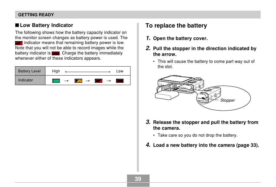 To replace the battery, 39 to replace the battery 1 | Casio EX-Z750 User Manual | Page 39 / 250