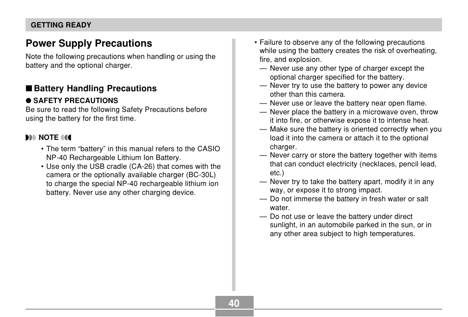 Power supply precautions | Casio EX-Z750 User Manual | Page 40 / 250