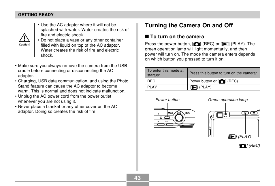 Turning the camera on and off, 43 turning the camera on and off | Casio EX-Z750 User Manual | Page 43 / 250