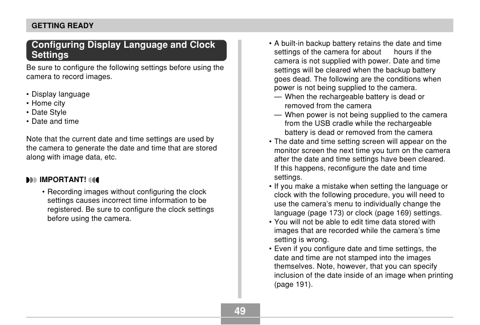 Configuring display language and clock settings | Casio EX-Z750 User Manual | Page 49 / 250