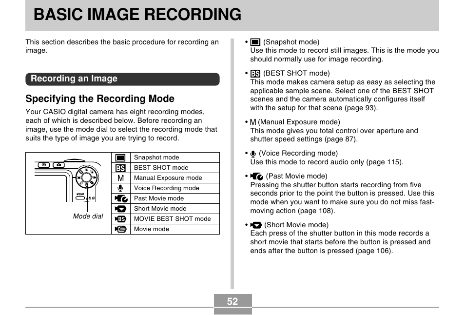 Basic image recording, Recording an image, Specifying the recording mode | Casio EX-Z750 User Manual | Page 52 / 250