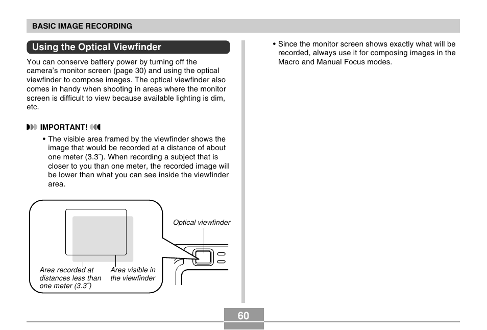 Using the optical viewfinder | Casio EX-Z750 User Manual | Page 60 / 250