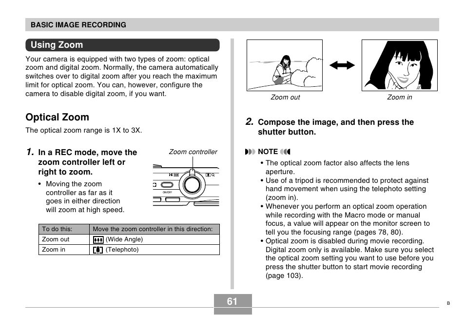 Using zoom, Optical zoom | Casio EX-Z750 User Manual | Page 61 / 250