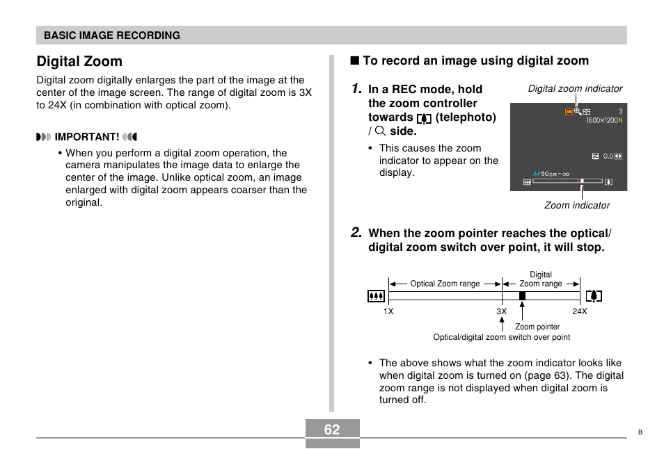 Digital zoom, 62 digital zoom | Casio EX-Z750 User Manual | Page 62 / 250