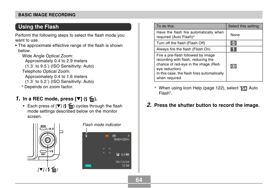 Using the flash | Casio EX-Z750 User Manual | Page 64 / 250