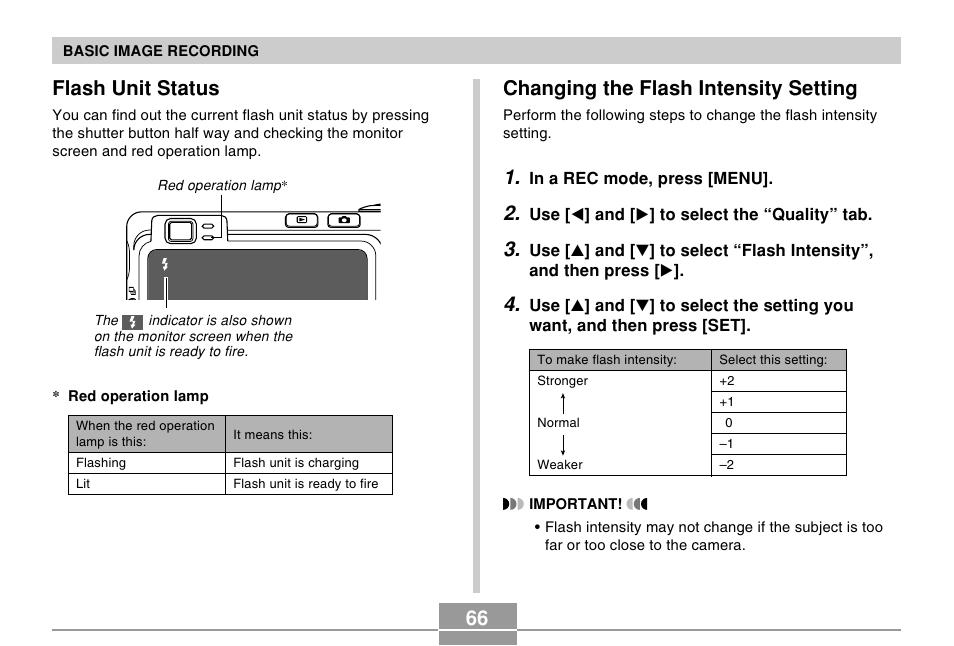 Flash unit status, Changing the flash intensity setting, 66 flash unit status | Casio EX-Z750 User Manual | Page 66 / 250