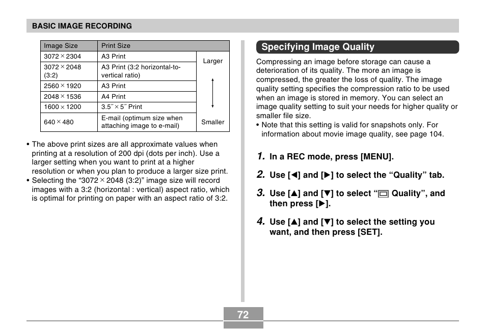 Specifying image quality | Casio EX-Z750 User Manual | Page 72 / 250