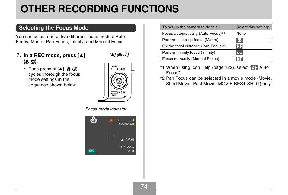 Other recording functions, Selecting the focus mode | Casio EX-Z750 User Manual | Page 74 / 250