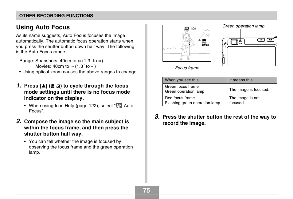 Using auto focus | Casio EX-Z750 User Manual | Page 75 / 250