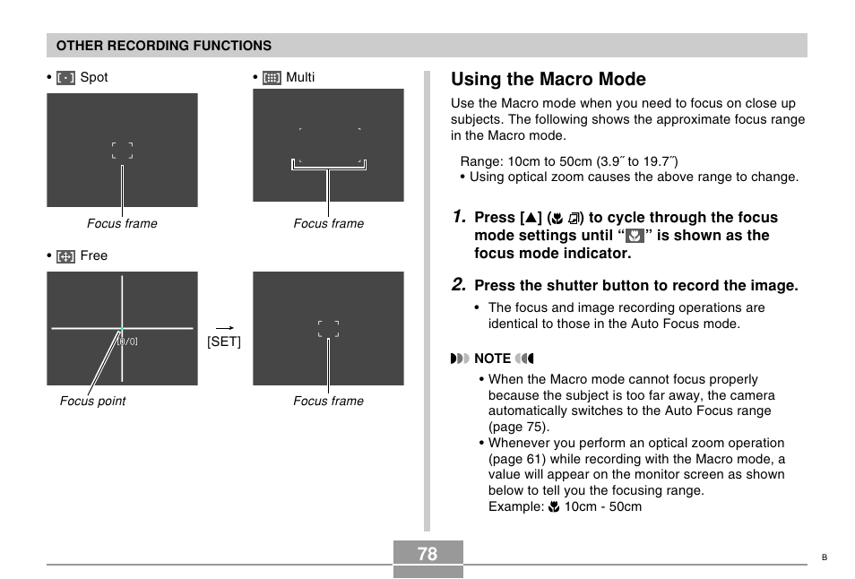 Using the macro mode | Casio EX-Z750 User Manual | Page 78 / 250