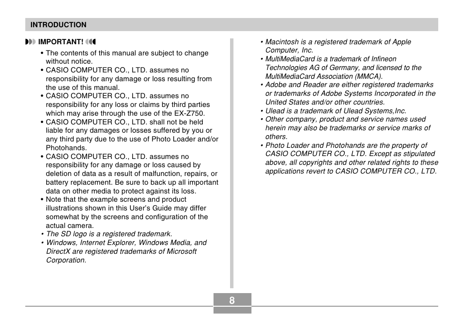 Casio EX-Z750 User Manual | Page 8 / 250