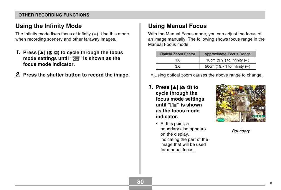 Using the infinity mode, Using manual focus | Casio EX-Z750 User Manual | Page 80 / 250