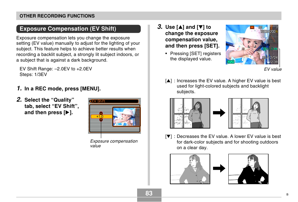 Exposure compensation (ev shift) | Casio EX-Z750 User Manual | Page 83 / 250