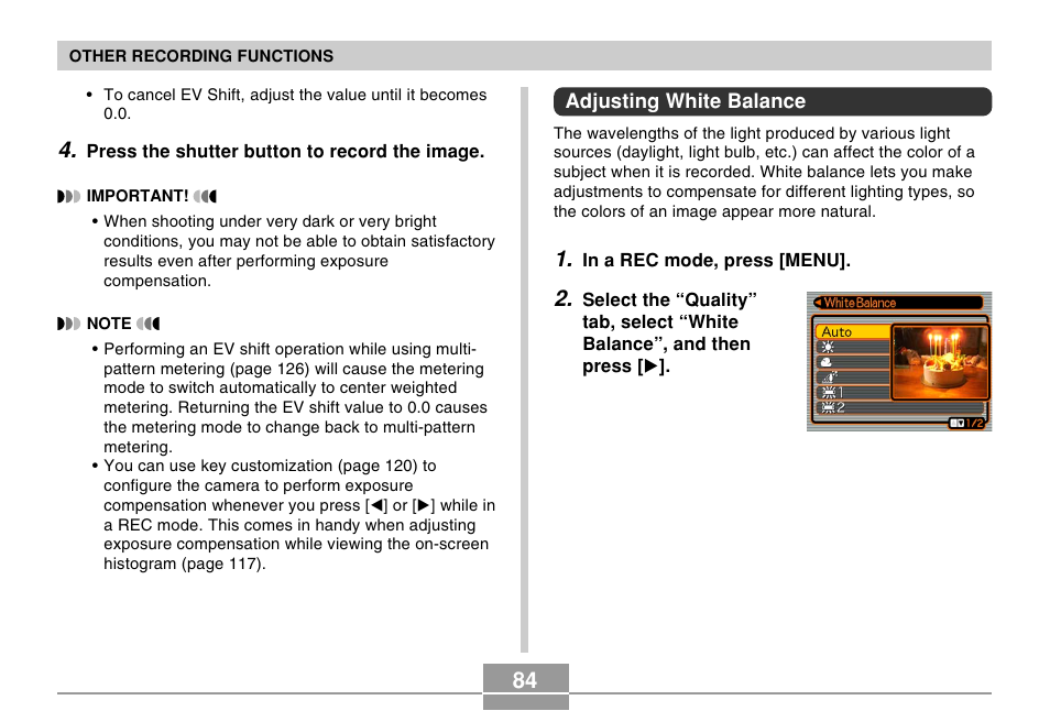 Adjusting white balance | Casio EX-Z750 User Manual | Page 84 / 250