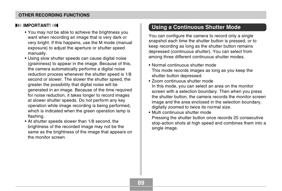 Using a continuous shutter mode | Casio EX-Z750 User Manual | Page 89 / 250