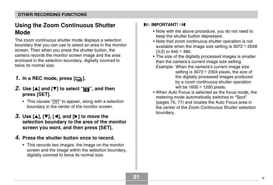 Using the zoom continuous shutter mode | Casio EX-Z750 User Manual | Page 91 / 250