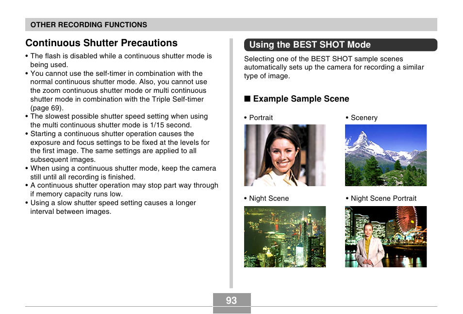 Continuous shutter precautions, Using the best shot mode | Casio EX-Z750 User Manual | Page 93 / 250