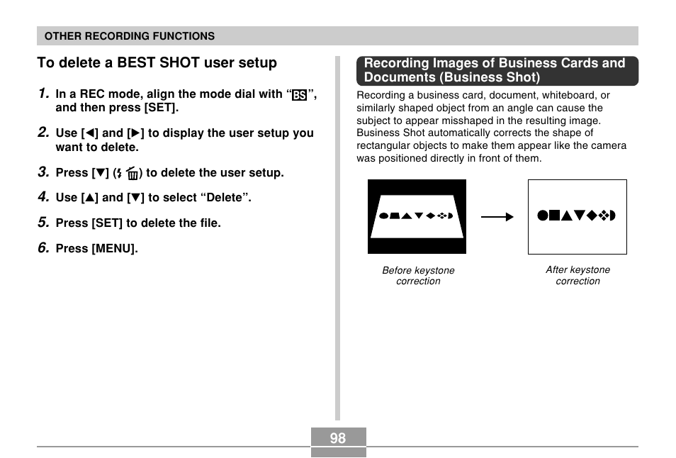 To delete a best shot user setup | Casio EX-Z750 User Manual | Page 98 / 250