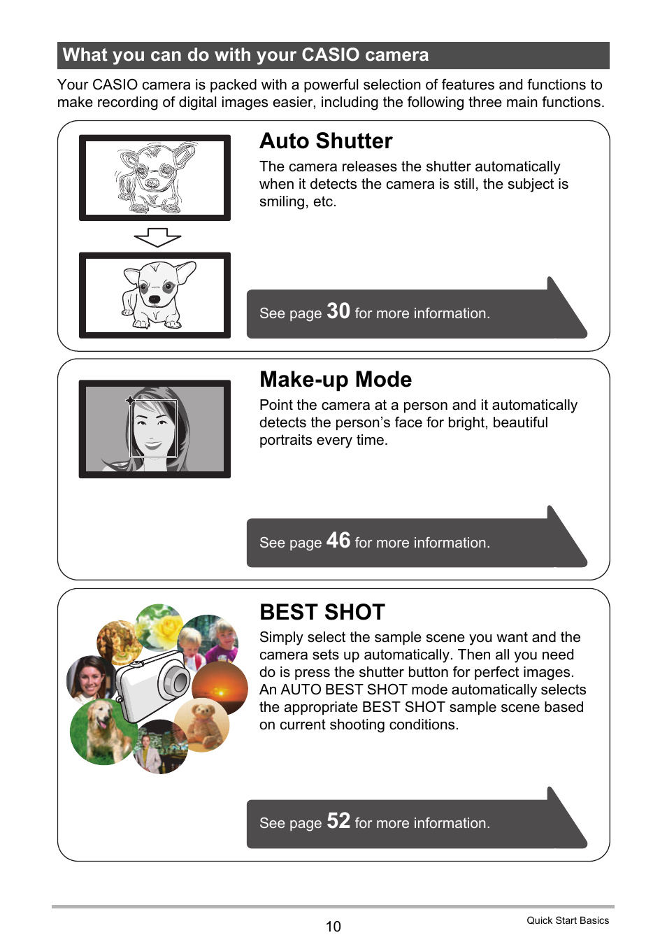 What you can do with your casio camera, Best shot, Make-up mode | Auto shutter | Casio EXILIM EX-Z300 User Manual | Page 10 / 170