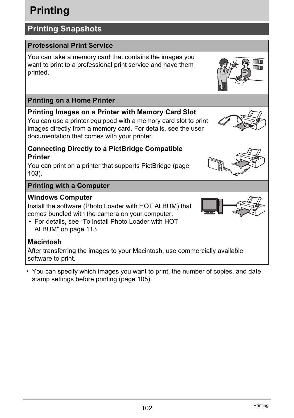 Printing, Printing snapshots | Casio EXILIM EX-Z300 User Manual | Page 102 / 170