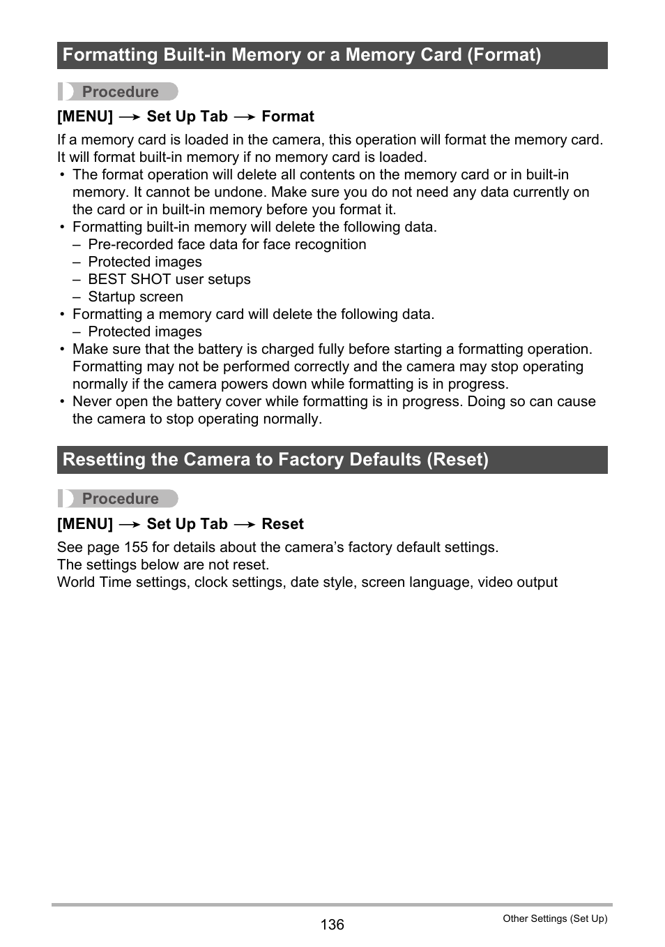 Resetting the camera to factory defaults (reset), 136) deletes all the | Casio EXILIM EX-Z300 User Manual | Page 136 / 170