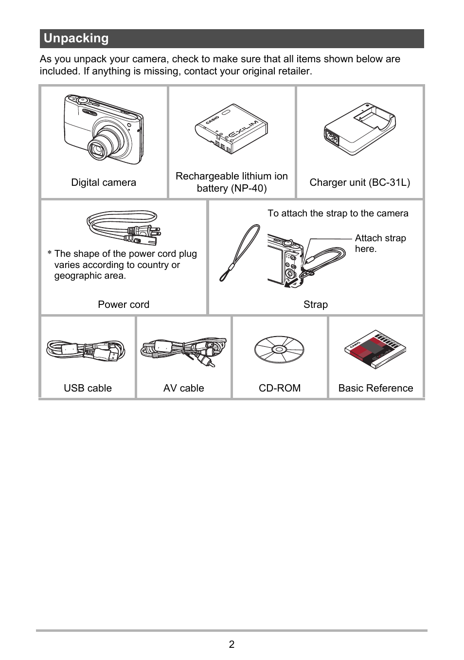 Unpacking | Casio EXILIM EX-Z300 User Manual | Page 2 / 170