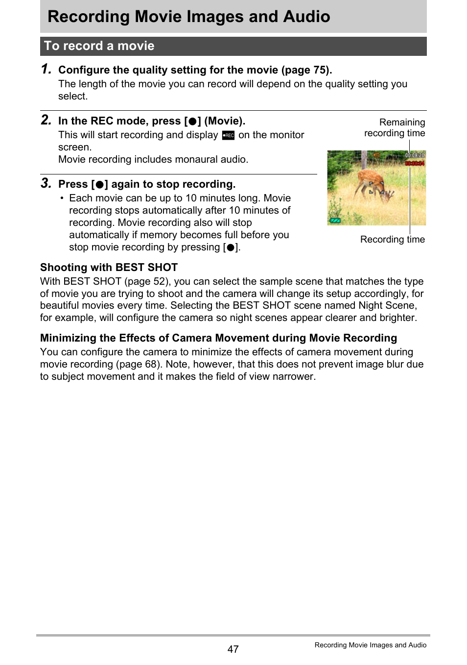 Recording movie images and audio, To record a movie, 47 for de | Casio EXILIM EX-Z300 User Manual | Page 47 / 170