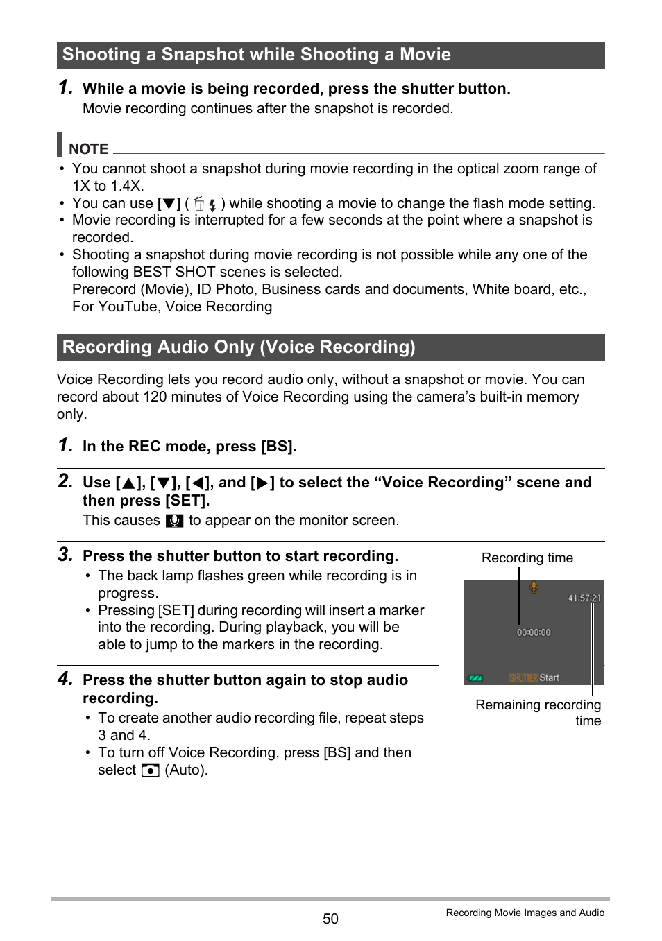 Shooting a snapshot while shooting a movie, Recording audio only (voice recording) | Casio EXILIM EX-Z300 User Manual | Page 50 / 170