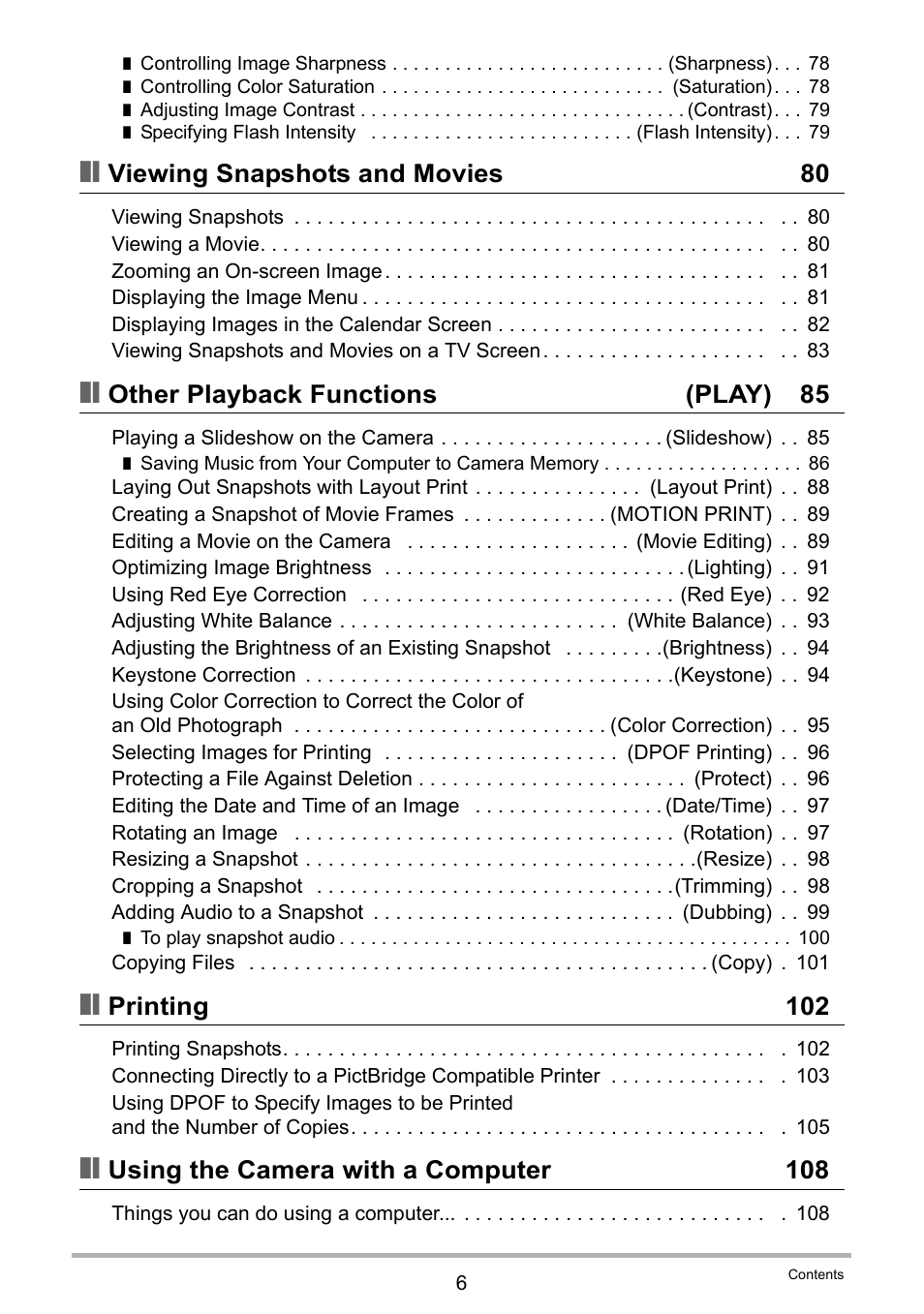 Viewing snapshots and movies 80, Other playback functions (play) 85, Printing 102 | Using the camera with a computer 108 | Casio EXILIM EX-Z300 User Manual | Page 6 / 170
