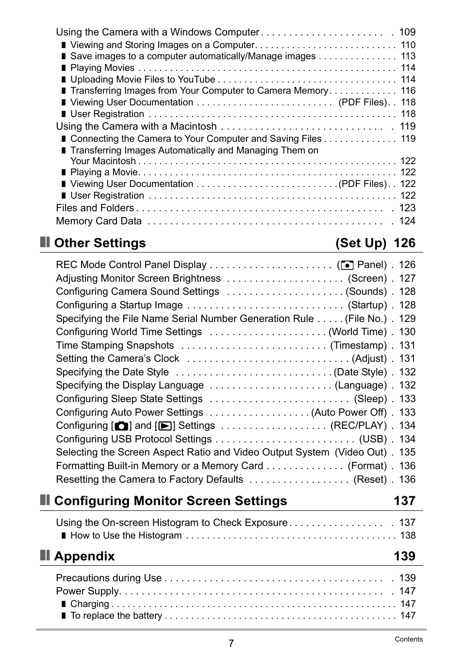 Other settings (set up) 126, Configuring monitor screen settings 137, Appendix 139 | Casio EXILIM EX-Z300 User Manual | Page 7 / 170