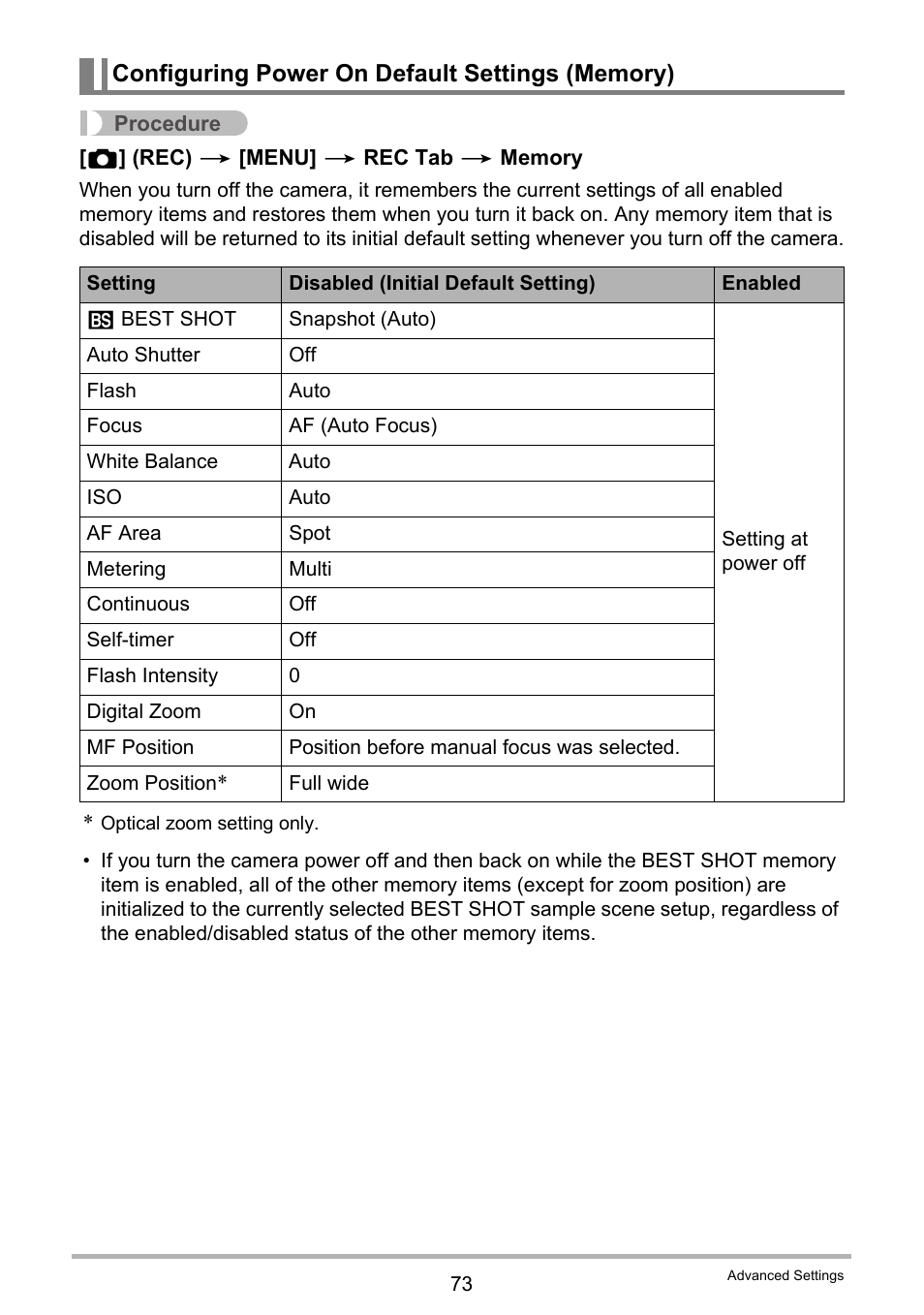 Configuring power on default settings (memory) | Casio EXILIM EX-Z300 User Manual | Page 73 / 170