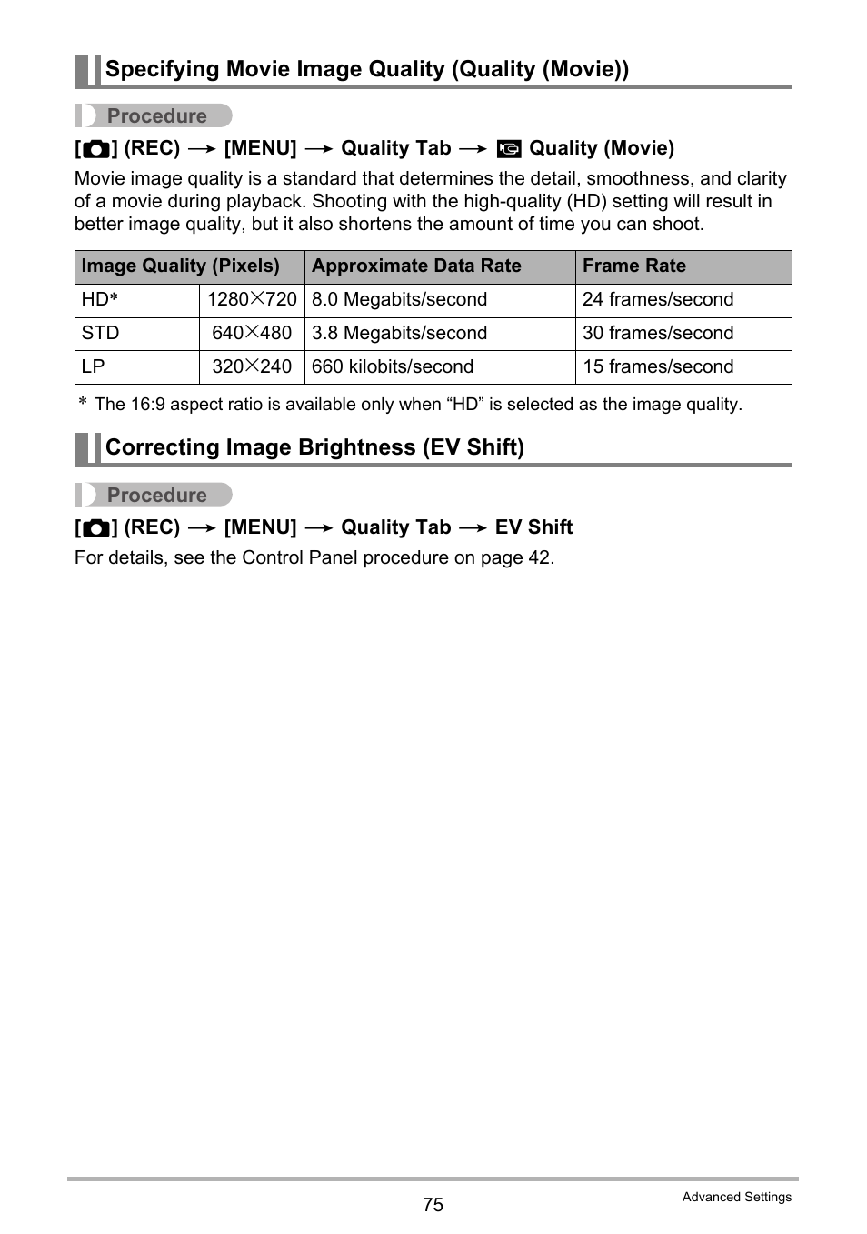 Specifying movie image quality (quality (movie)), Correcting image brightness (ev shift) | Casio EXILIM EX-Z300 User Manual | Page 75 / 170