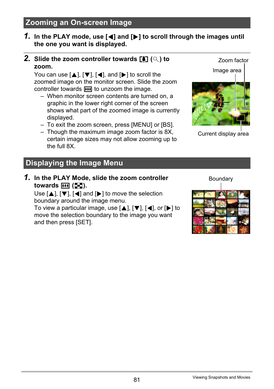 Zooming an on-screen image, Displaying the image menu, Age 81) | Casio EXILIM EX-Z300 User Manual | Page 81 / 170