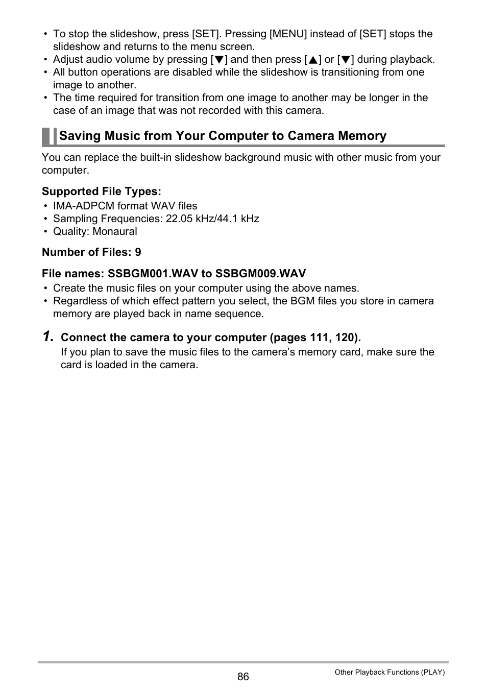 Saving music from your computer to camera memory | Casio EXILIM EX-Z300 User Manual | Page 86 / 170