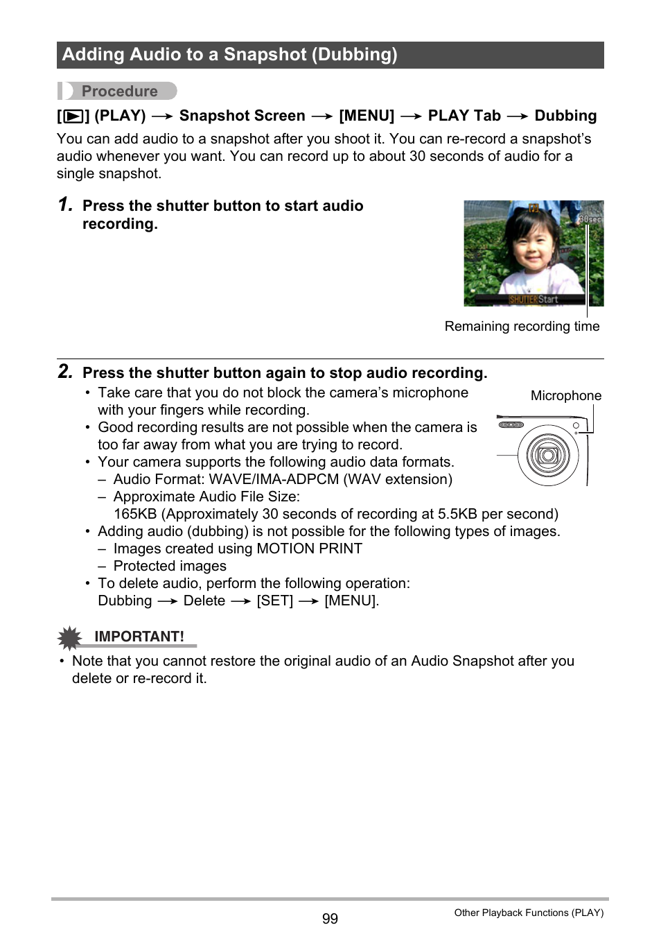 Adding audio to a snapshot (dubbing) | Casio EXILIM EX-Z300 User Manual | Page 99 / 170