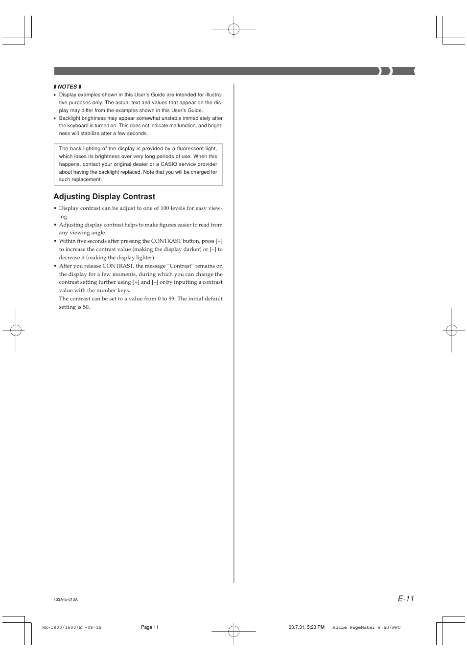 E-11, Adjusting display contrast | Casio WK1630 User Manual | Page 13 / 96