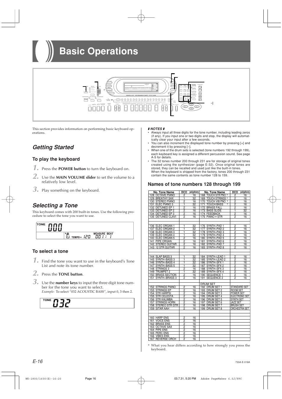 Basic operations, Getting started, Selecting a tone | E-16 | Casio WK1630 User Manual | Page 18 / 96