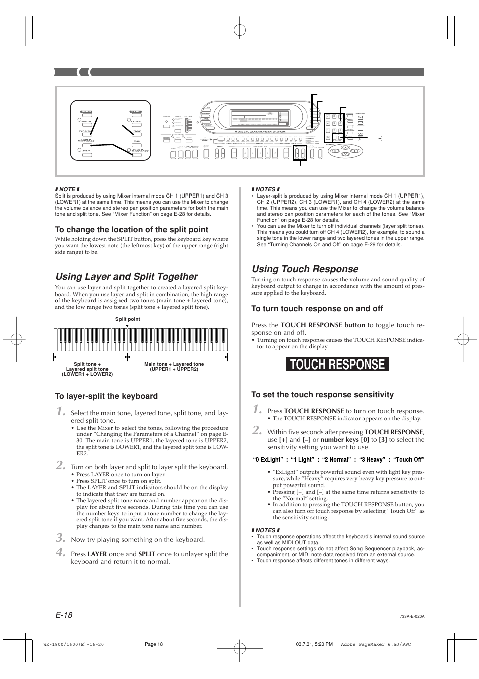 Using layer and split together, Using touch response, E-18 | Casio WK1630 User Manual | Page 20 / 96