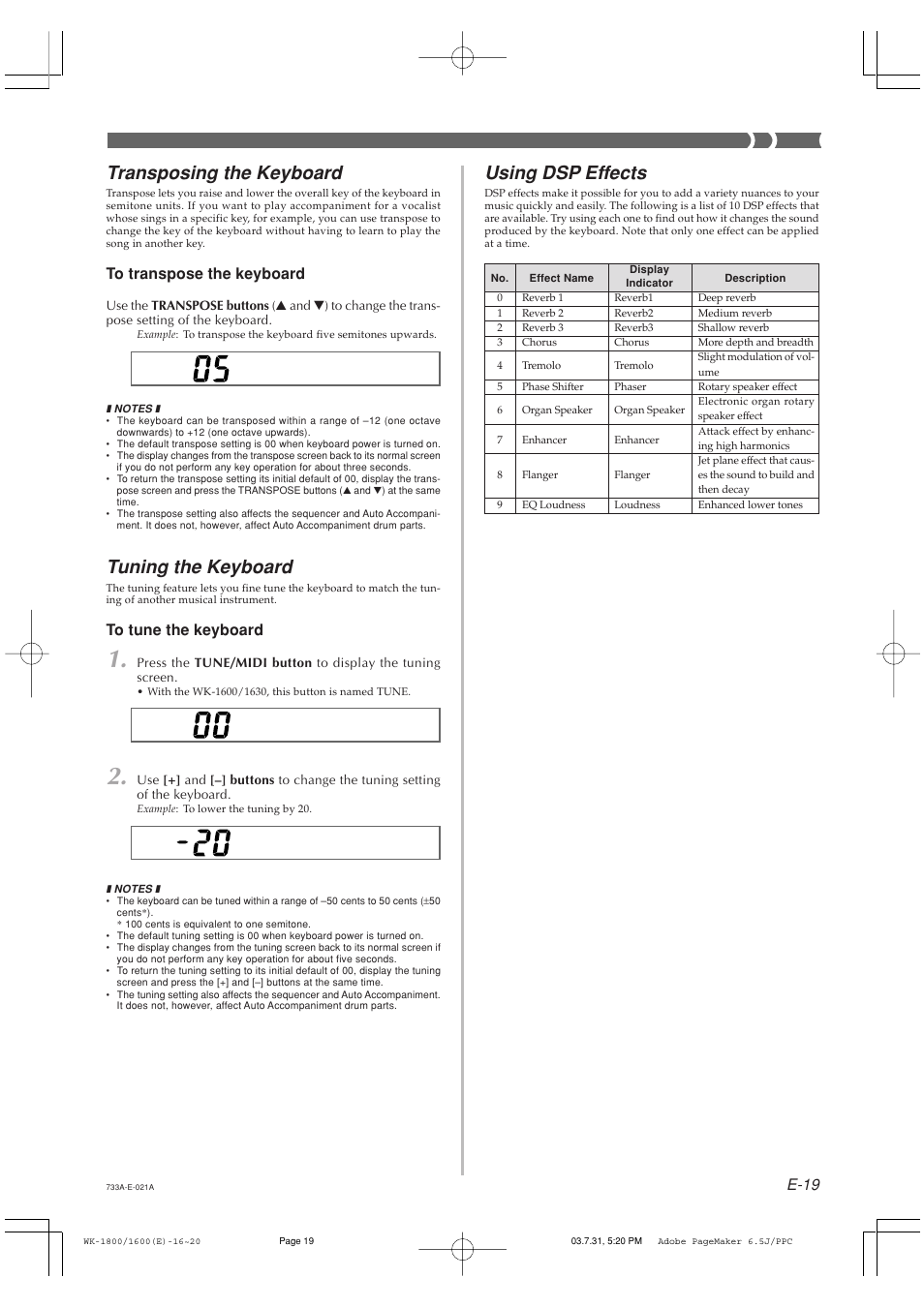 Transposing the keyboard, Tuning the keyboard, Using dsp effects | E-19 | Casio WK1630 User Manual | Page 21 / 96