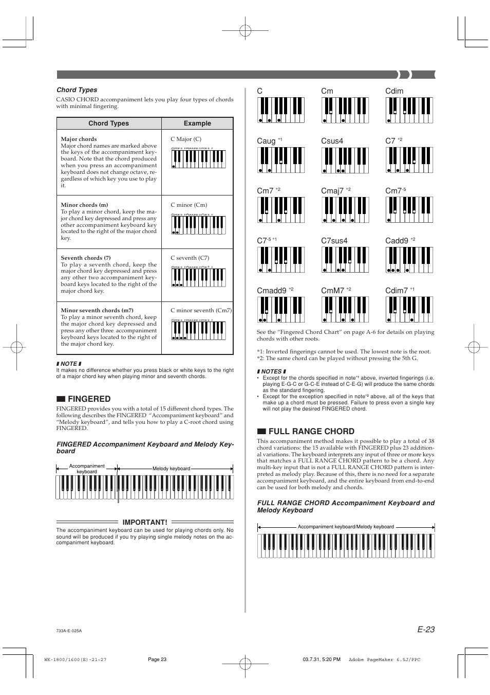 E-23, Fingered, Full range chord | Ccm cdim caug, Csus4 cmaj7, C7sus4 cadd9, Cmadd9, Cmm7, Cdim7, Chord types | Casio WK1630 User Manual | Page 25 / 96