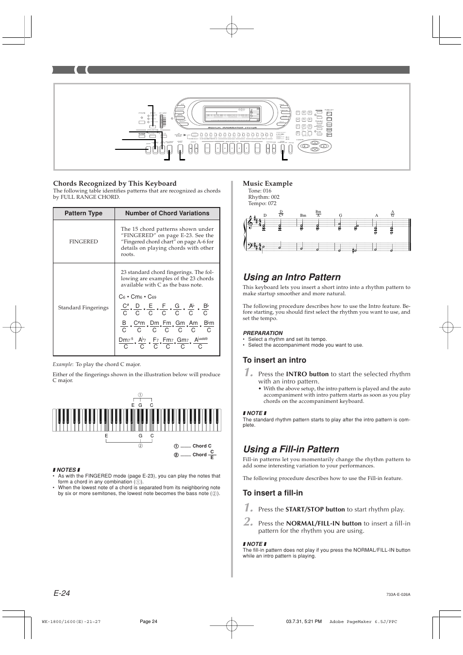 Using an intro pattern, Using a fill-in pattern, E-24 | Casio WK1630 User Manual | Page 26 / 96