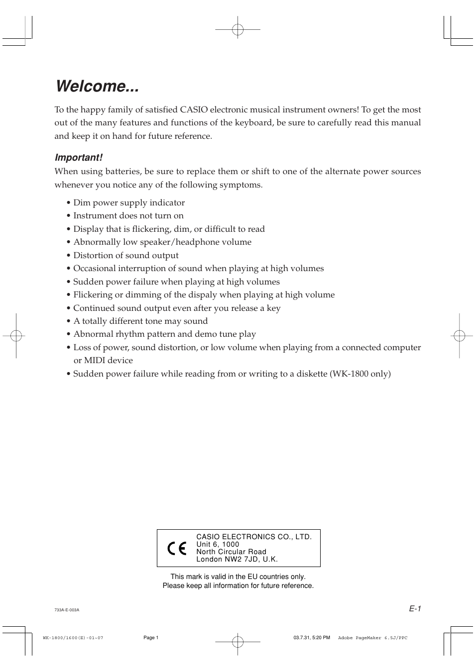 Welcome, Important | Casio WK1630 User Manual | Page 3 / 96