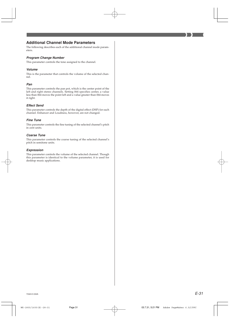 E-31, Additional channel mode parameters | Casio WK1630 User Manual | Page 33 / 96