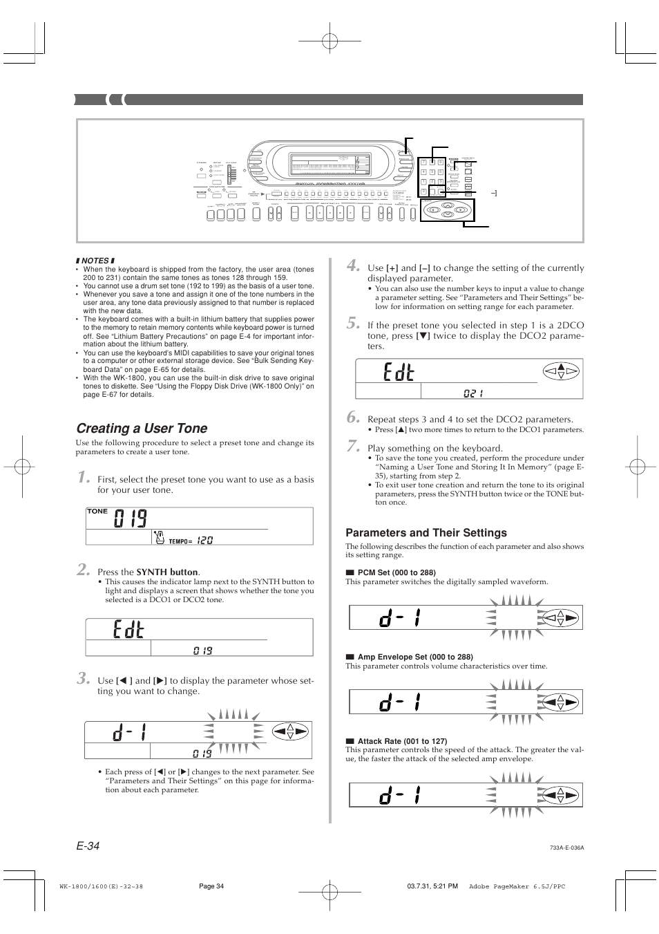 Creating a user tone, E-34, Parameters and their settings | Casio WK1630 User Manual | Page 36 / 96