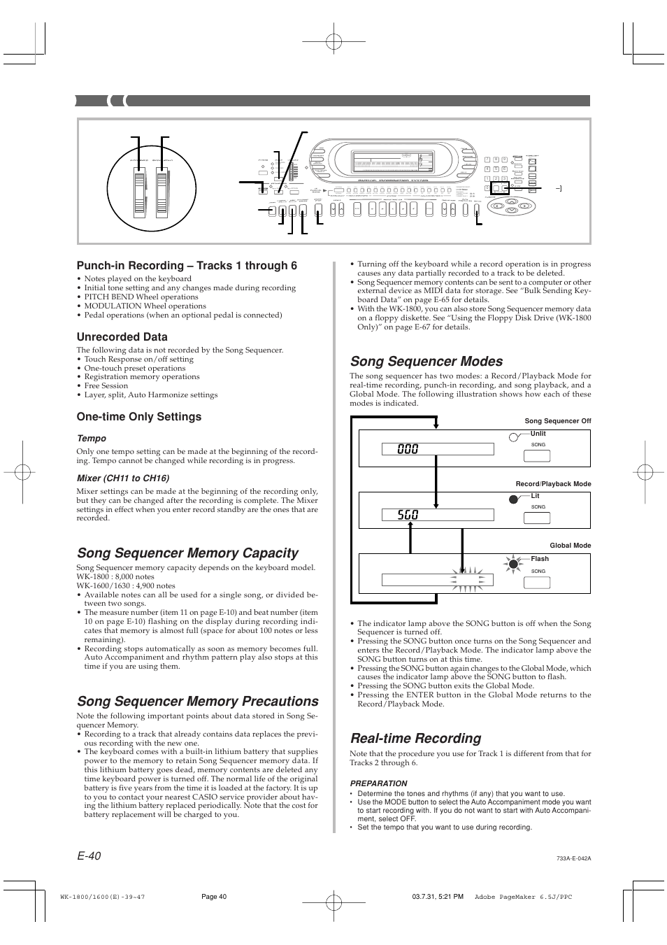 Real-time recording, Song sequencer modes, E-40 | Punch-in recording – tracks 1 through 6, Unrecorded data, One-time only settings | Casio WK1630 User Manual | Page 42 / 96