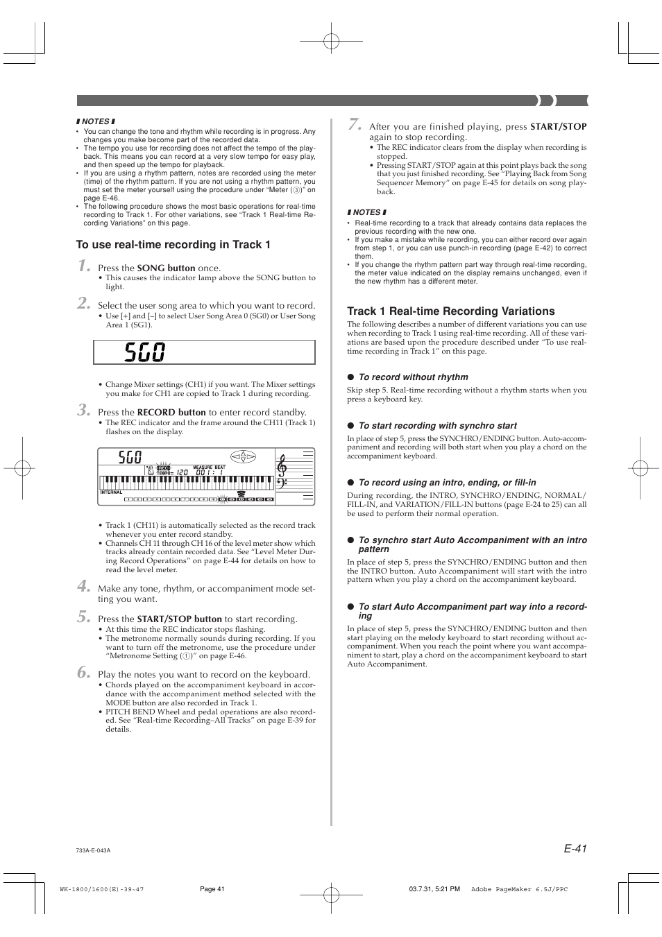 E-41, Track 1 real-time recording variations | Casio WK1630 User Manual | Page 43 / 96