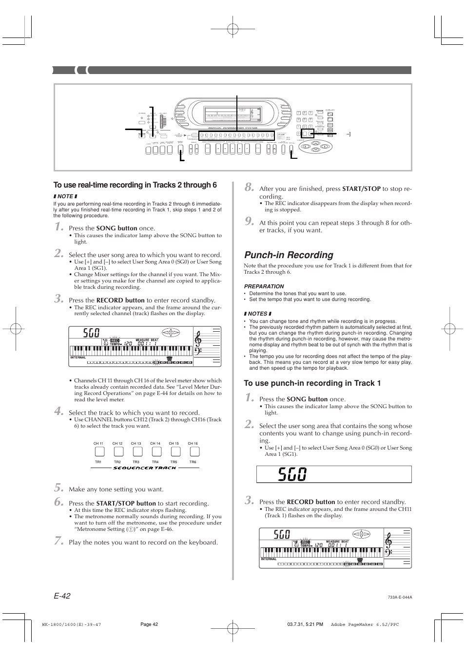 Punch-in recording, E-42 | Casio WK1630 User Manual | Page 44 / 96